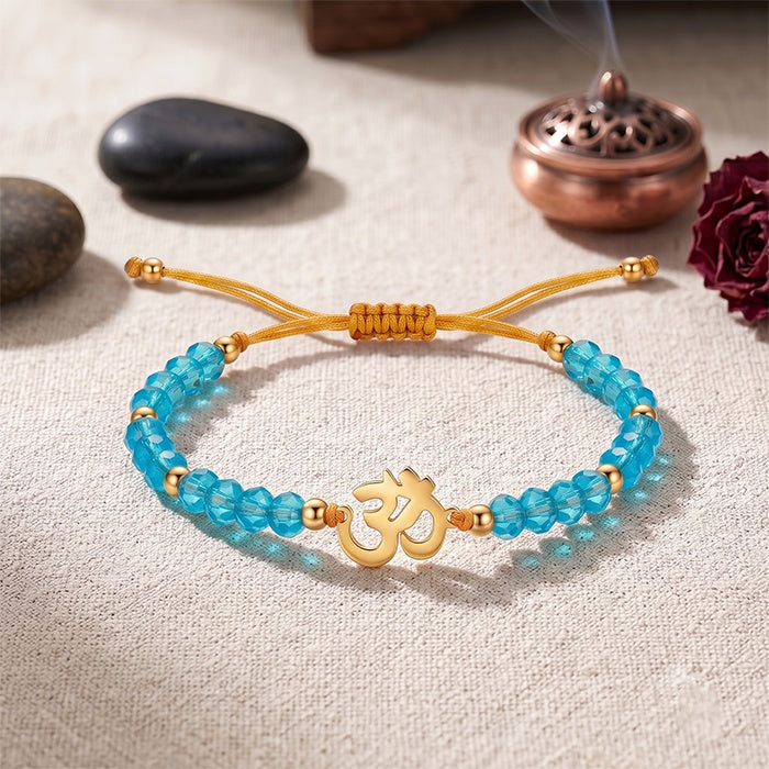 Yoga Ohm Symbol Cut Glass Bead Adjustable Braided Bracelet, Multiple Color Bead Options, Metal Spacers With Pull Cord Structure, Sport Casual Wrist Jewelry For Women Yoga Enthusiasts Daily Wear