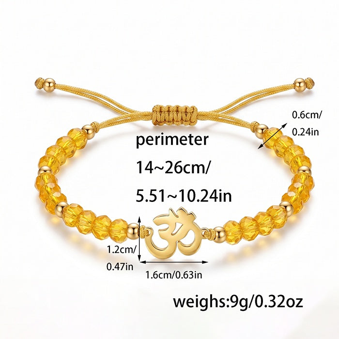 Yoga Ohm Symbol Cut Glass Bead Adjustable Braided Bracelet, Multiple Color Bead Options, Metal Spacers With Pull Cord Structure, Sport Casual Wrist Jewelry For Women Yoga Enthusiasts Daily Wear