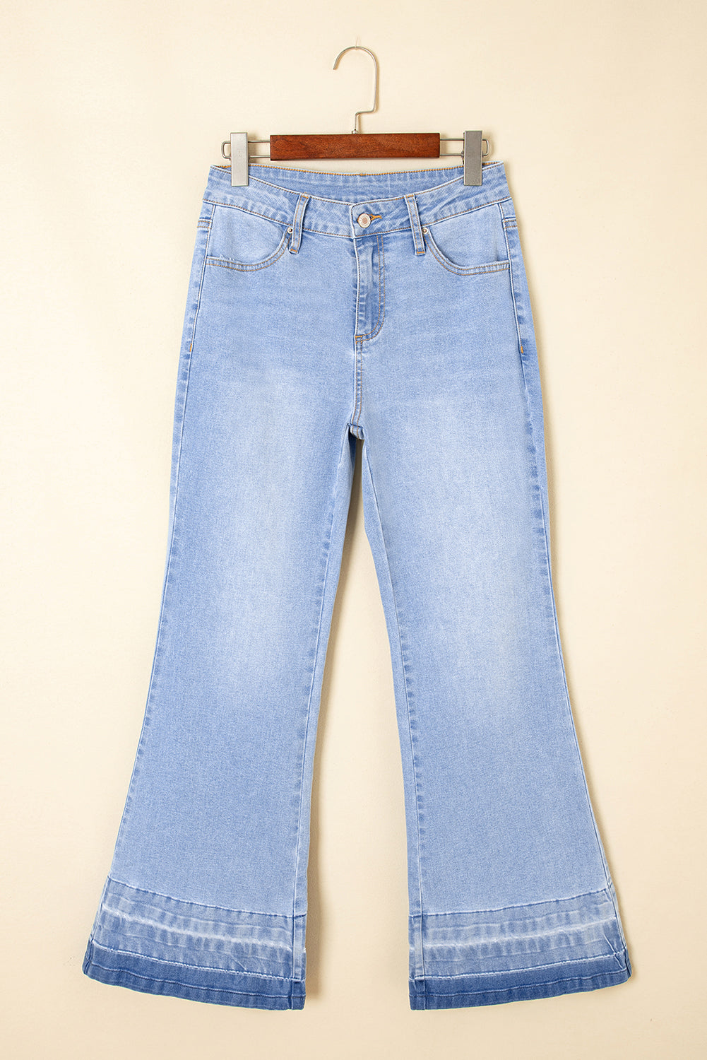 Iceland Blue Unique Hem Design Elastic Waist Flare Leg Jeans