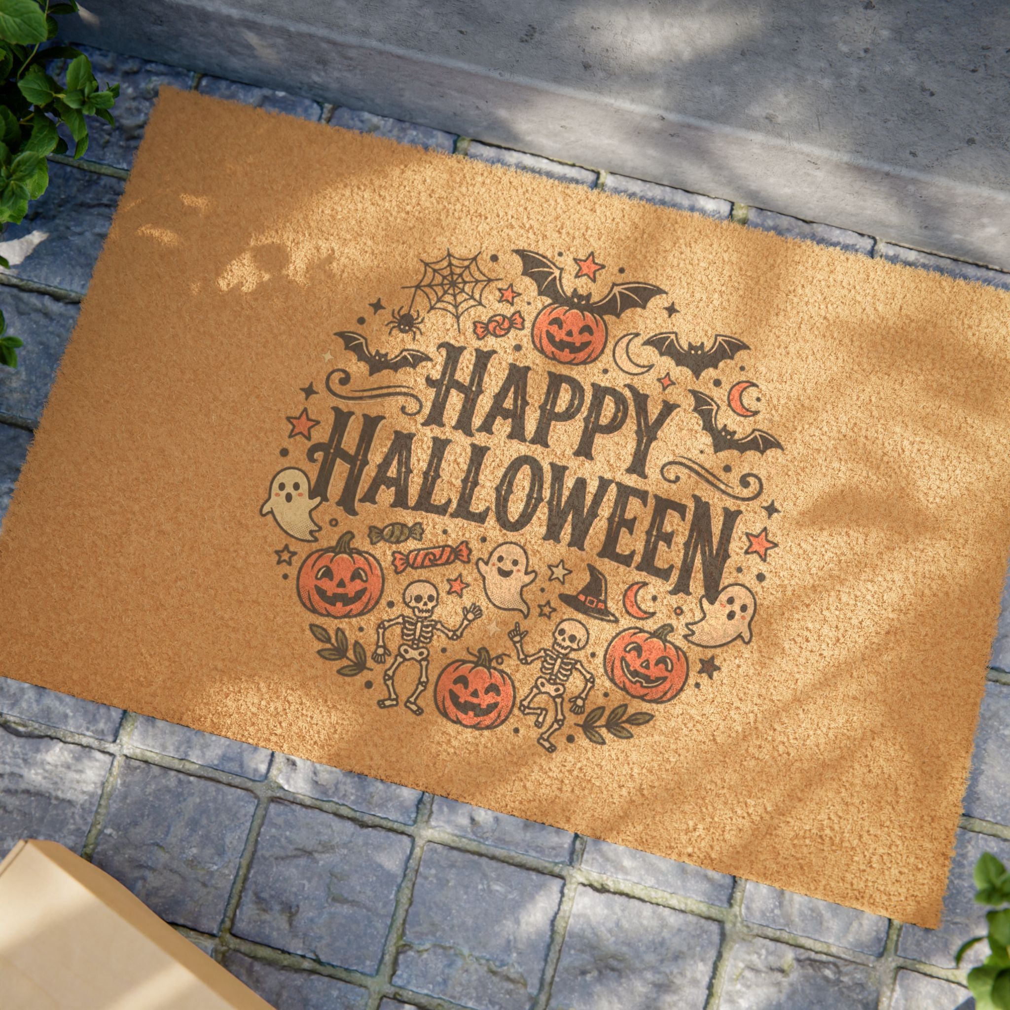 Happy Halloween Doormat — Pumpkin & Ghost Fall Welcome Mat