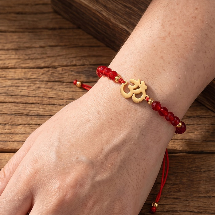 Yoga Ohm Symbol Cut Glass Bead Adjustable Braided Bracelet, Multiple Color Bead Options, Metal Spacers With Pull Cord Structure, Sport Casual Wrist Jewelry For Women Yoga Enthusiasts Daily Wear