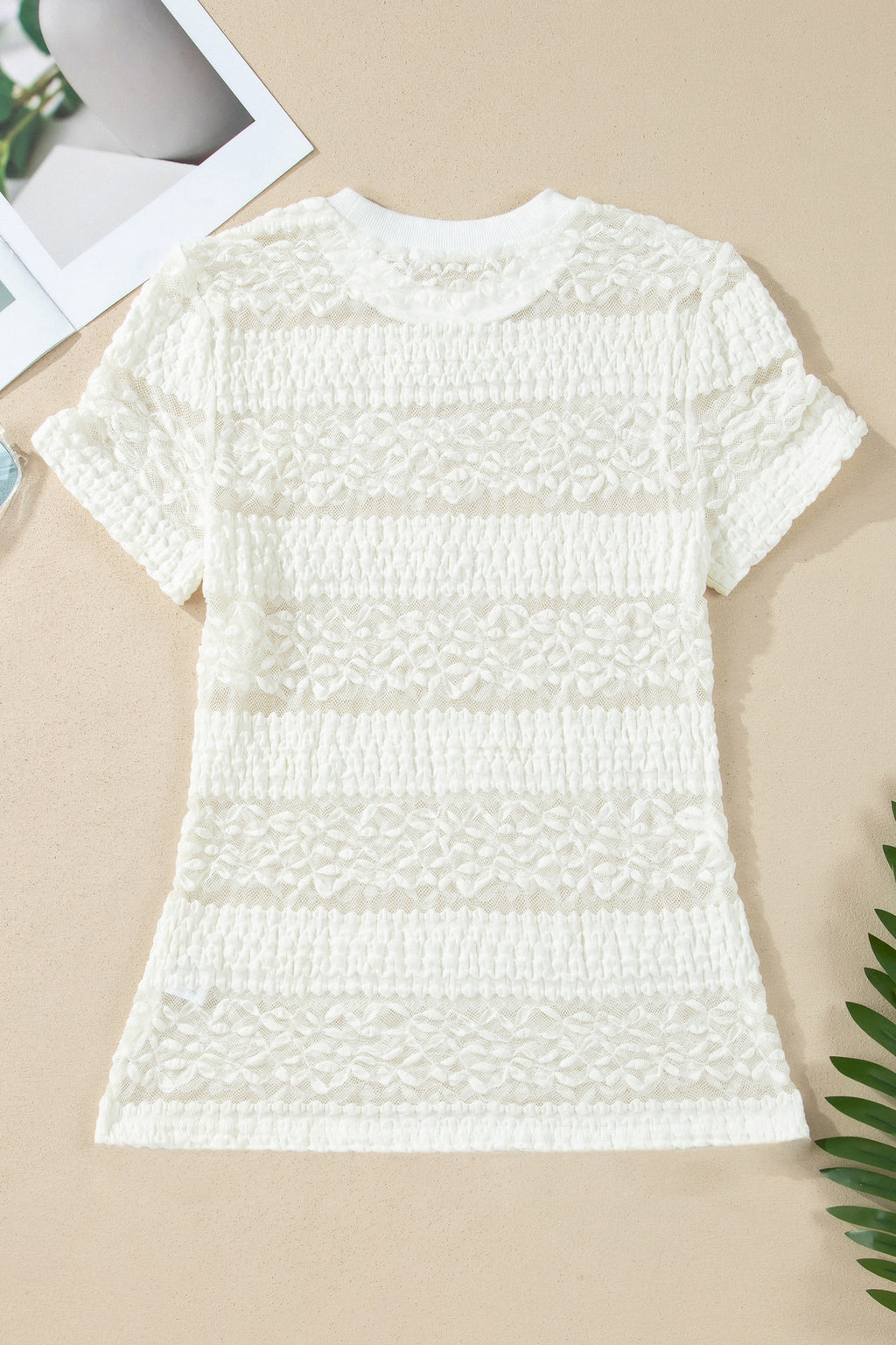 White Sheer Lace Textured Patchwork Short Sleeve Top