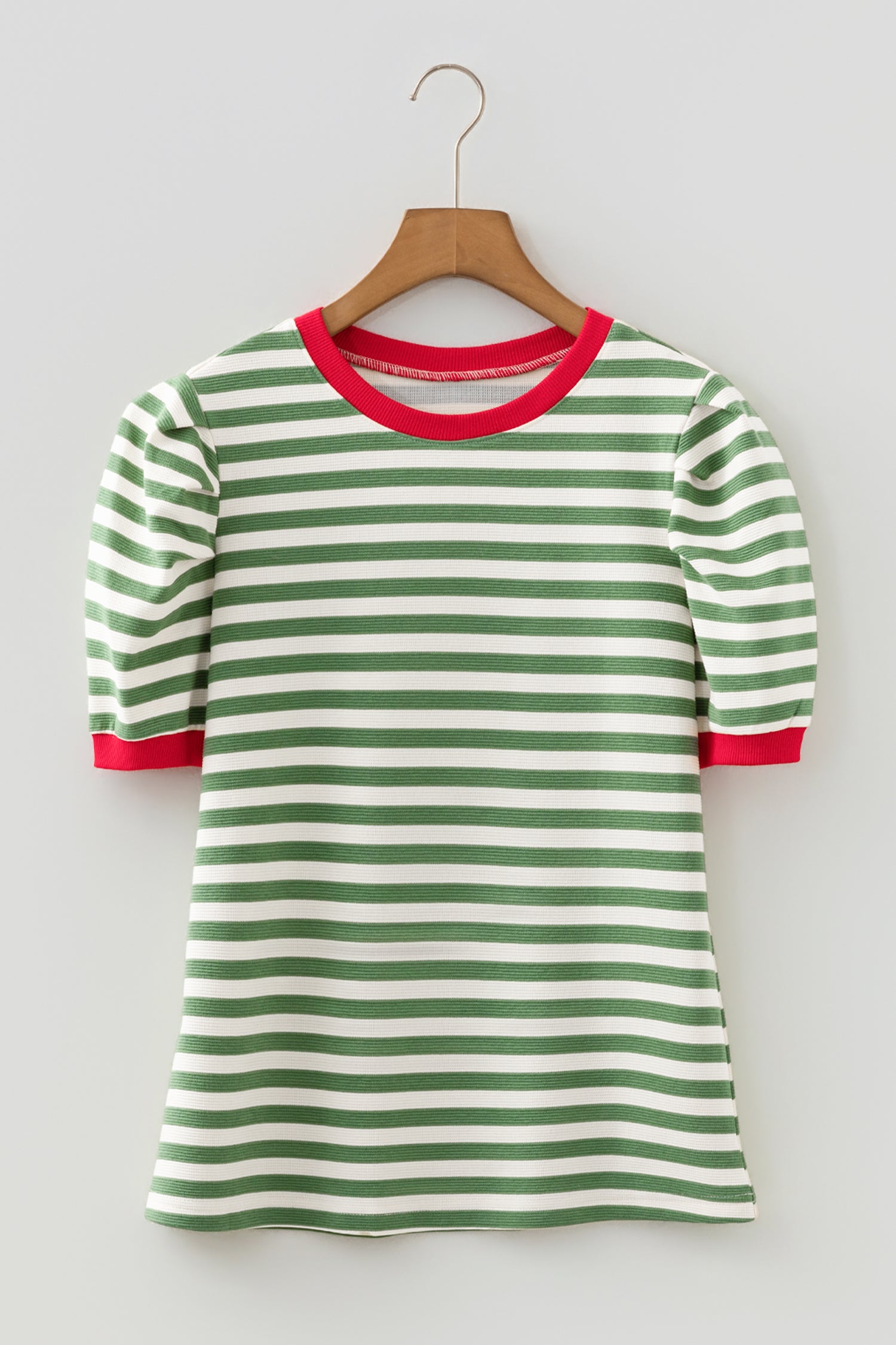 Brown Stripe Short Puff Sleeve Contrast Trim Round Neck Tee