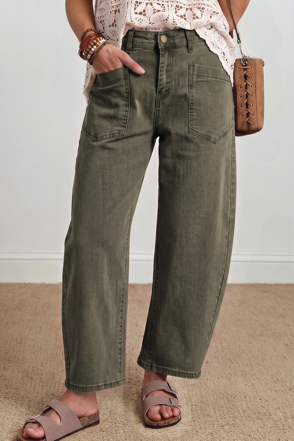 Four Leaf Clover Solid Color Square Patch Pocket Ankle-length Barrel Jeans