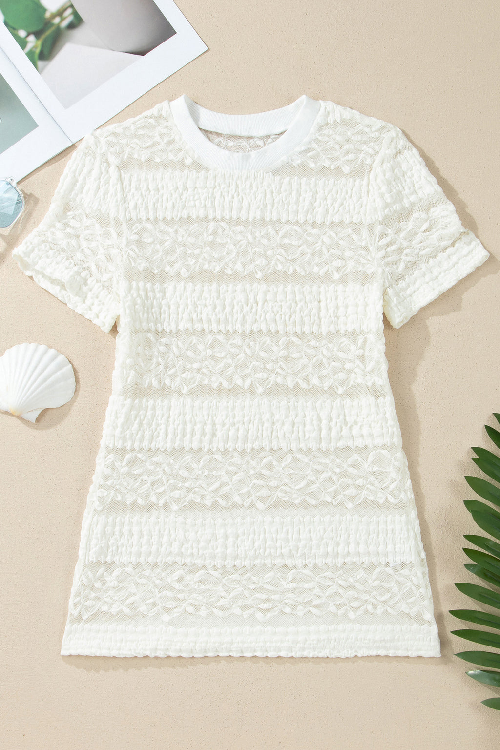 White Sheer Lace Textured Patchwork Short Sleeve Top