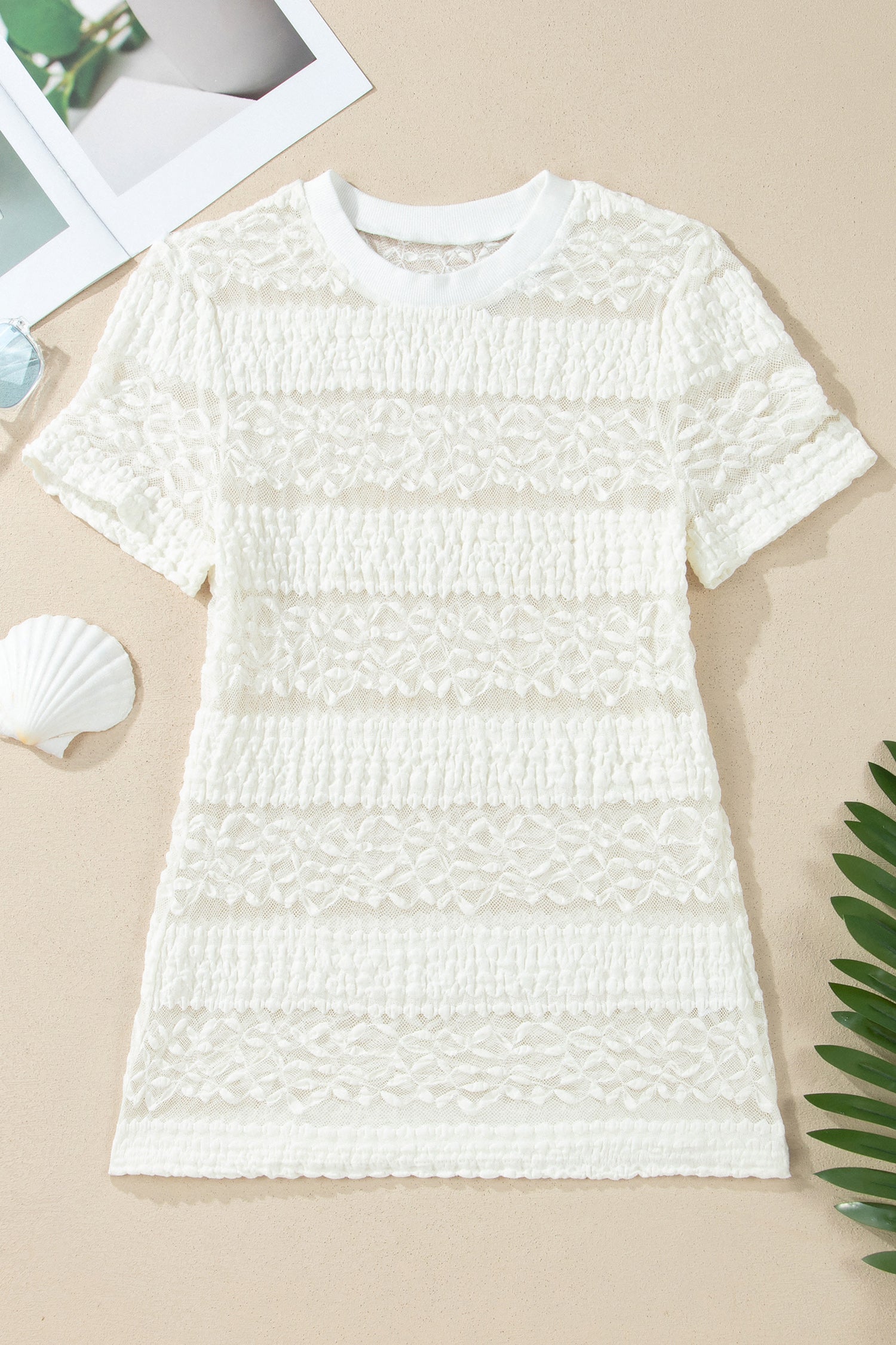White Sheer Lace Textured Patchwork Short Sleeve Top