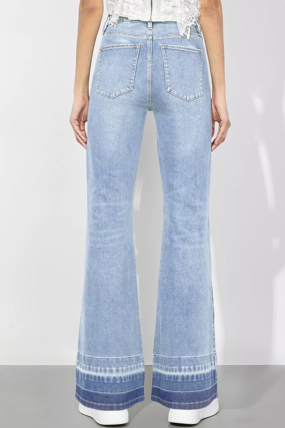 Iceland Blue Unique Hem Design Elastic Waist Flare Leg Jeans