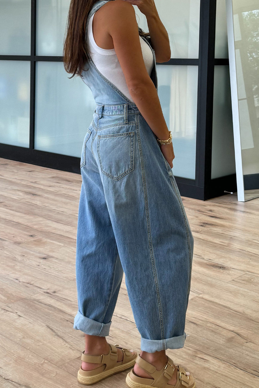 Dusk Blue Adjustable Buckle Straps Straight Leg Denim Overalls