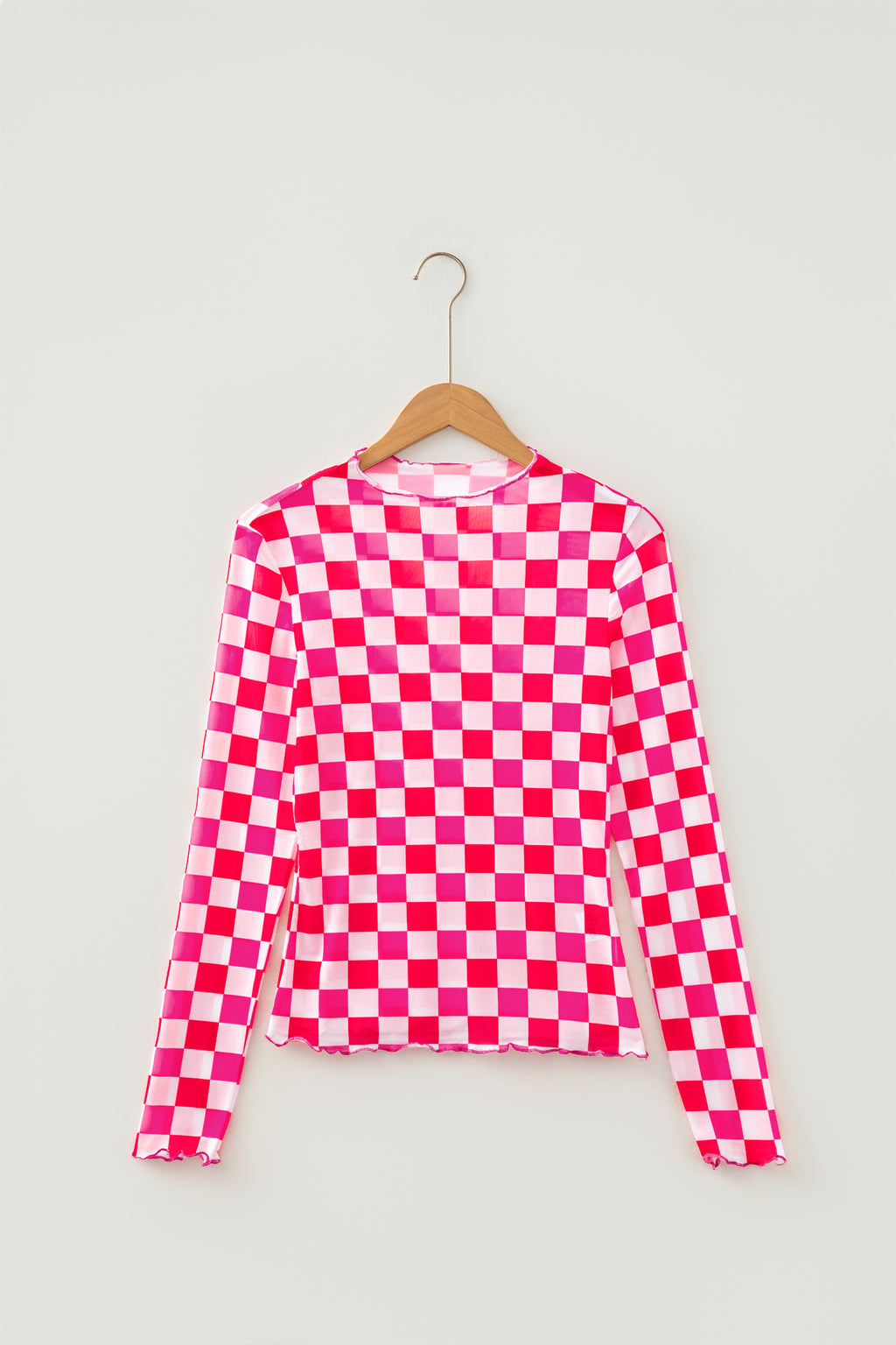 Rose Plaid Mesh Sheer Long Sleeve Top