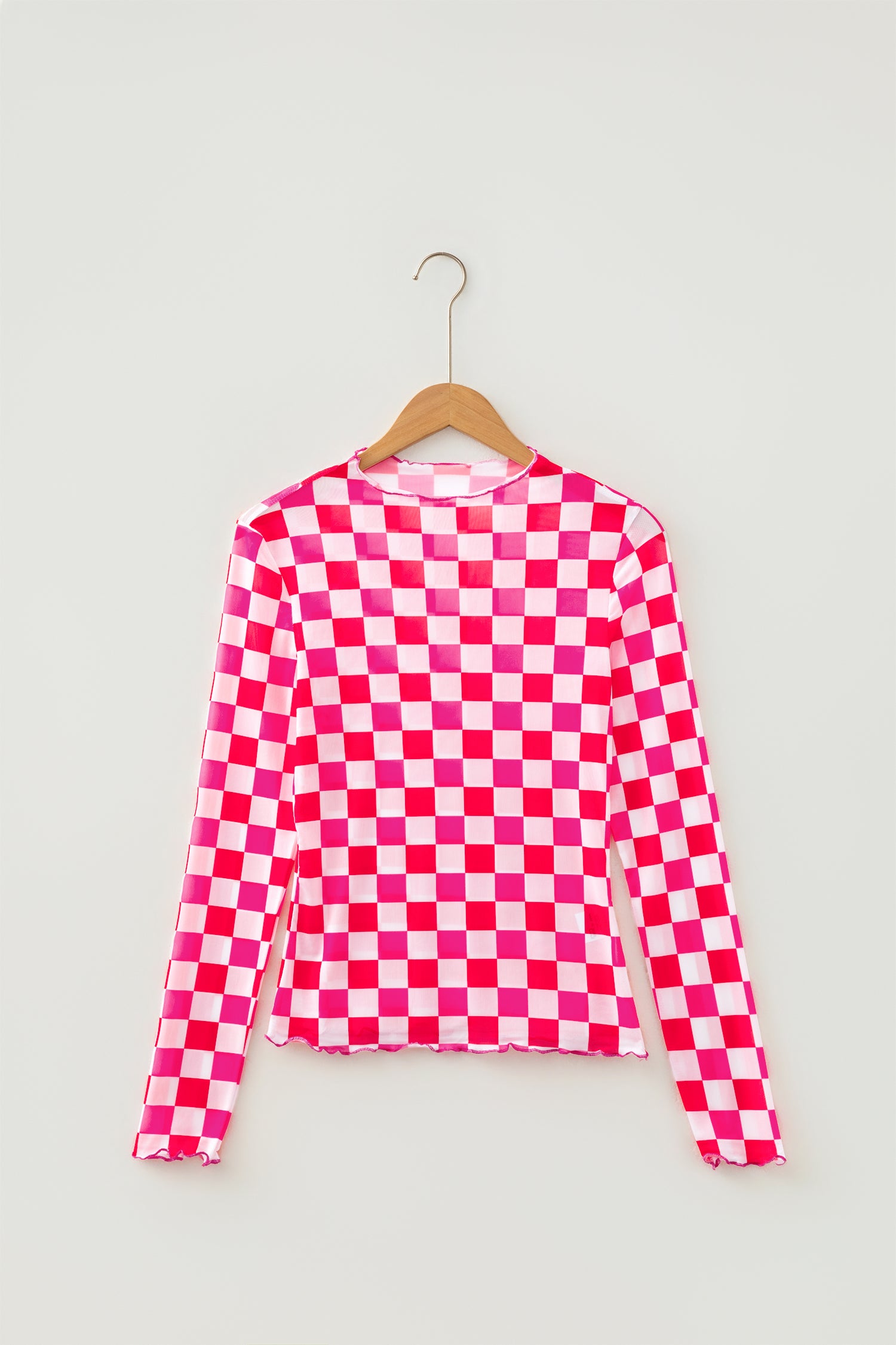 Rose Plaid Mesh Sheer Long Sleeve Top