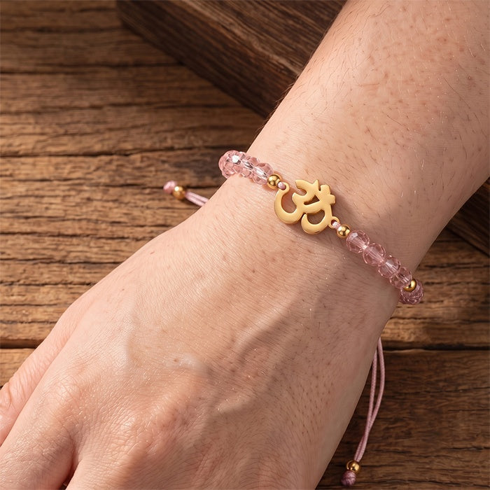 Yoga Ohm Symbol Cut Glass Bead Adjustable Braided Bracelet, Multiple Color Bead Options, Metal Spacers With Pull Cord Structure, Sport Casual Wrist Jewelry For Women Yoga Enthusiasts Daily Wear