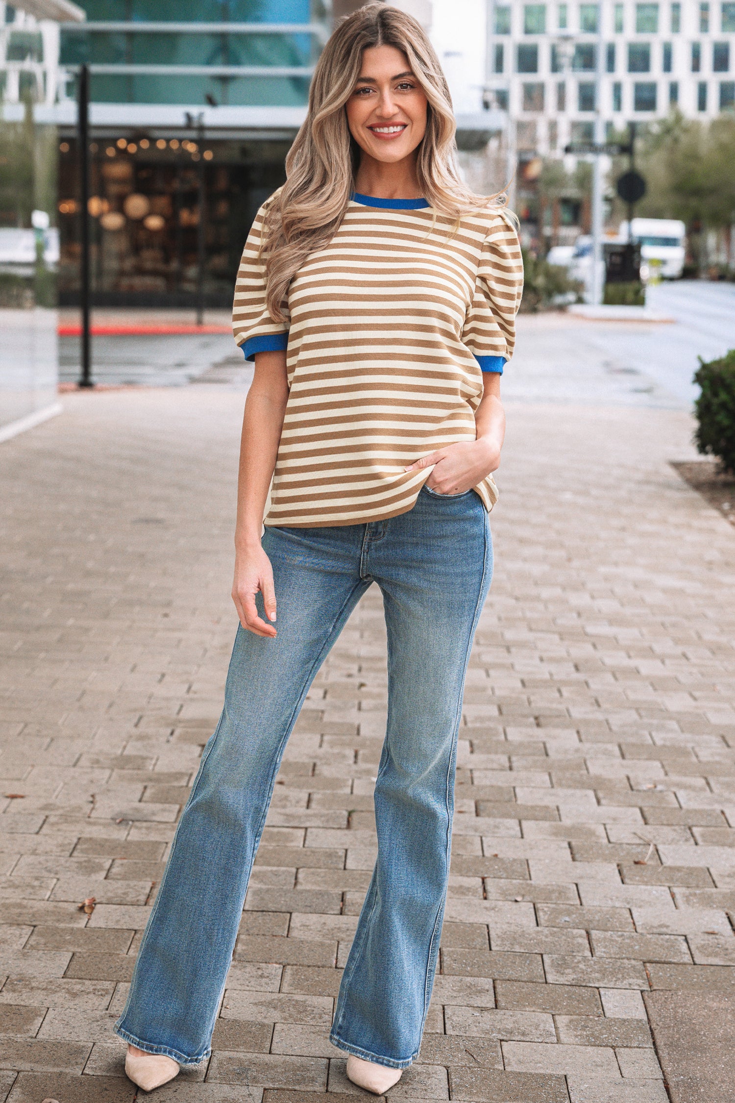 Brown Stripe Short Puff Sleeve Contrast Trim Round Neck Tee