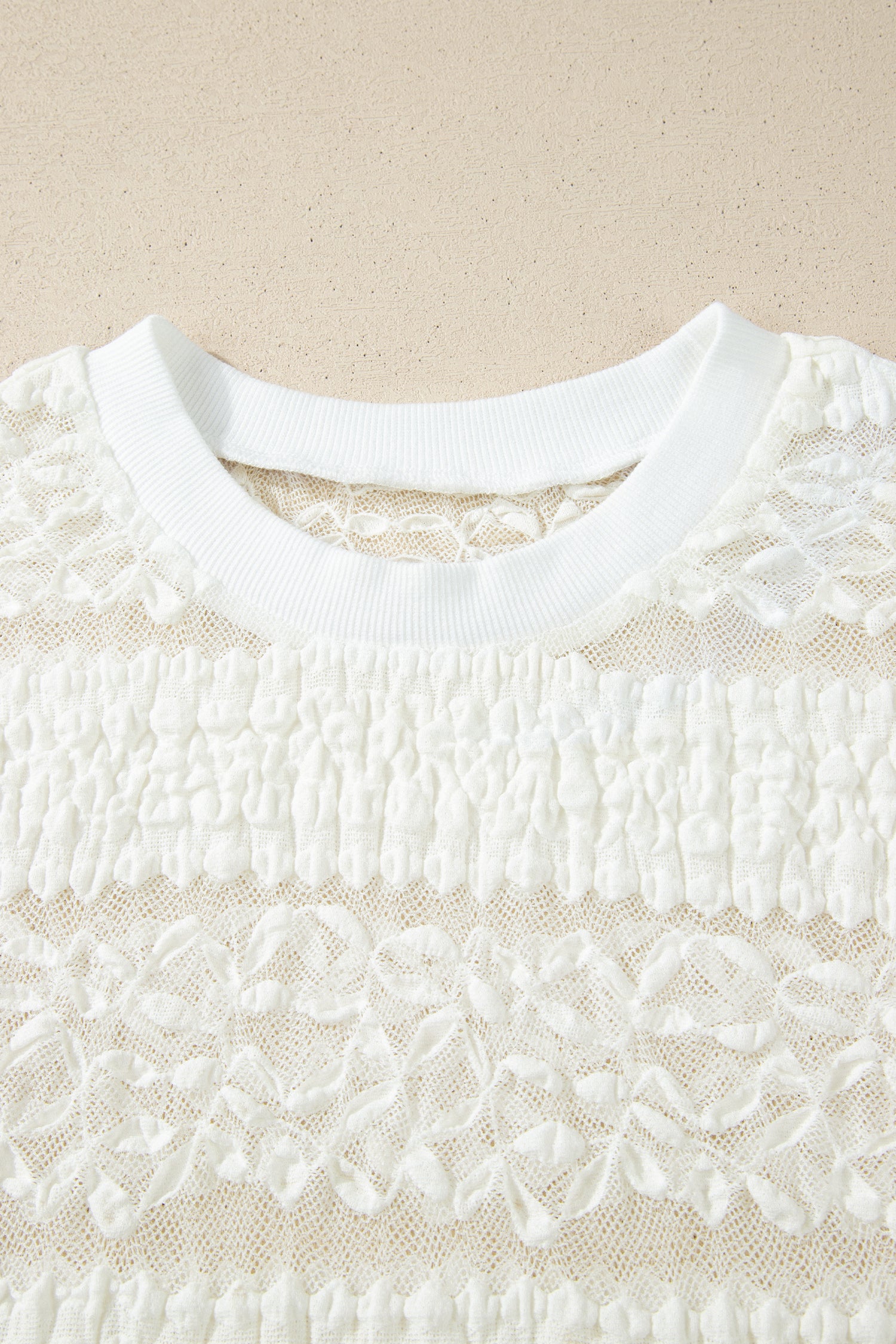 White Sheer Lace Textured Patchwork Short Sleeve Top