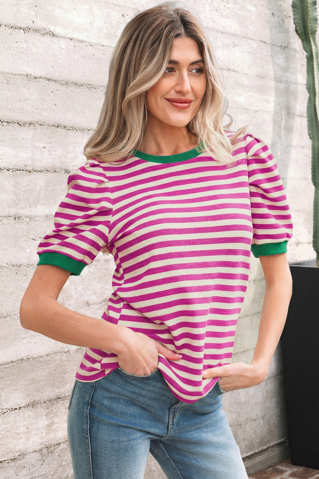 Brown Stripe Short Puff Sleeve Contrast Trim Round Neck Tee