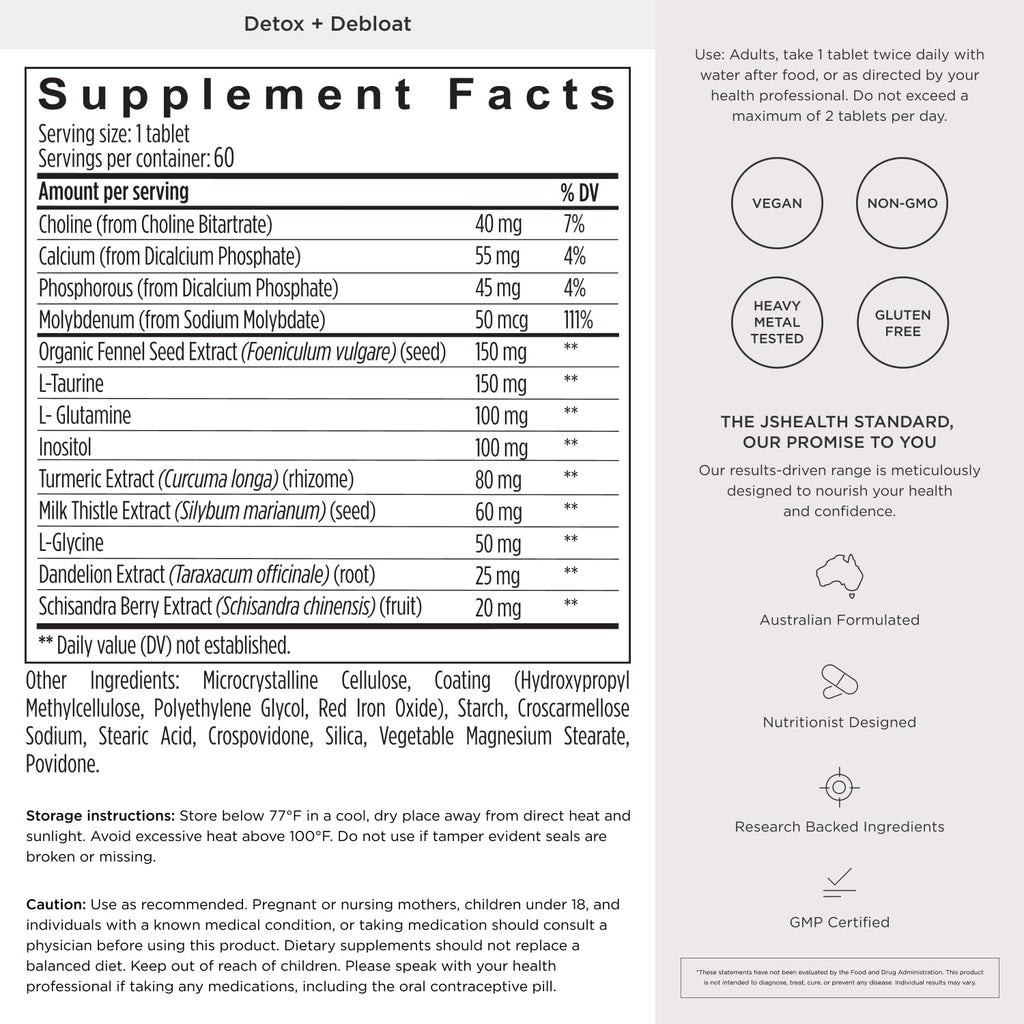JSHealth Detox + Debloat. Bloating Relief for Women with Milk Thistle, Turmeric, and Fennel. Liver Health and Gut Support. Nutritionist-Formulated (60 Tablets)