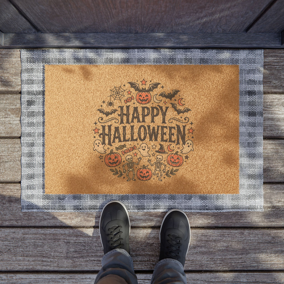 Happy Halloween Doormat — Pumpkin & Ghost Fall Welcome Mat