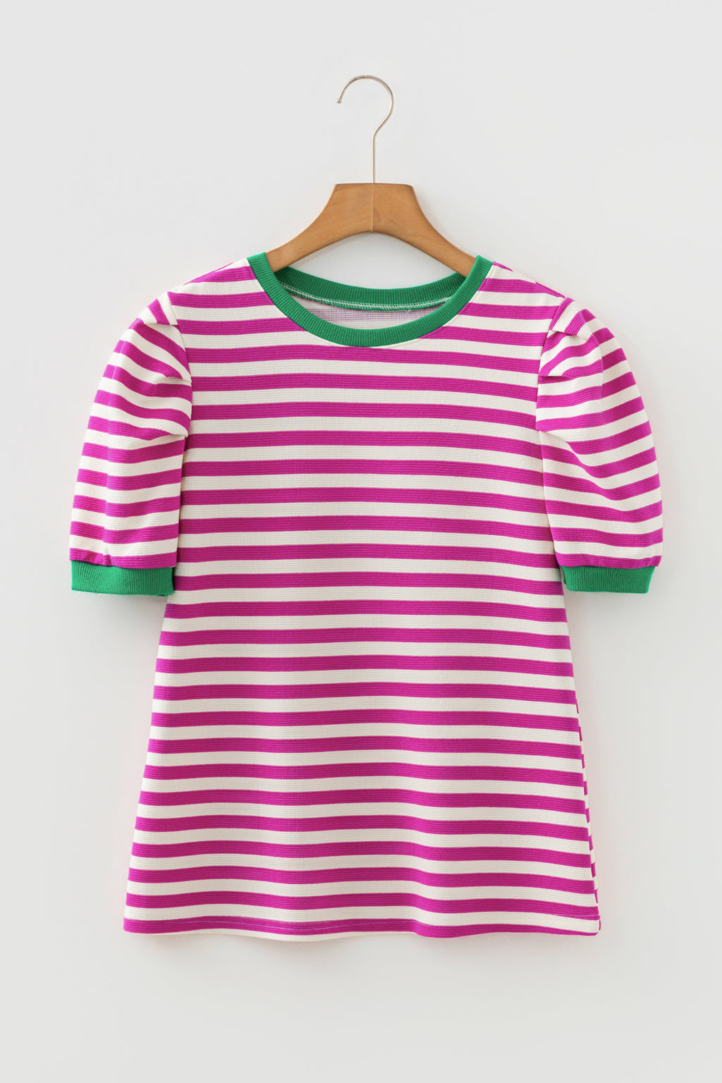 Brown Stripe Short Puff Sleeve Contrast Trim Round Neck Tee