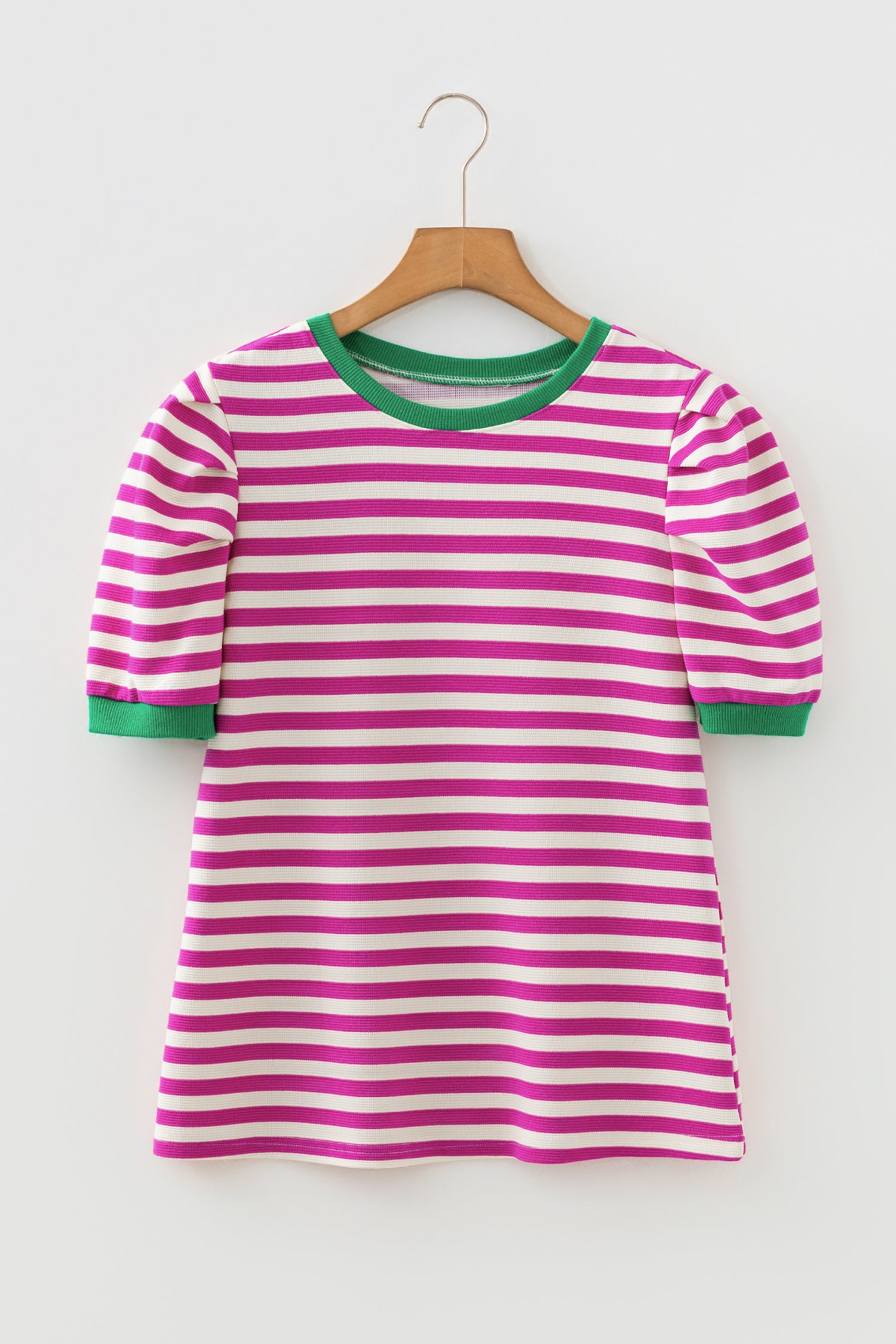 Brown Stripe Short Puff Sleeve Contrast Trim Round Neck Tee