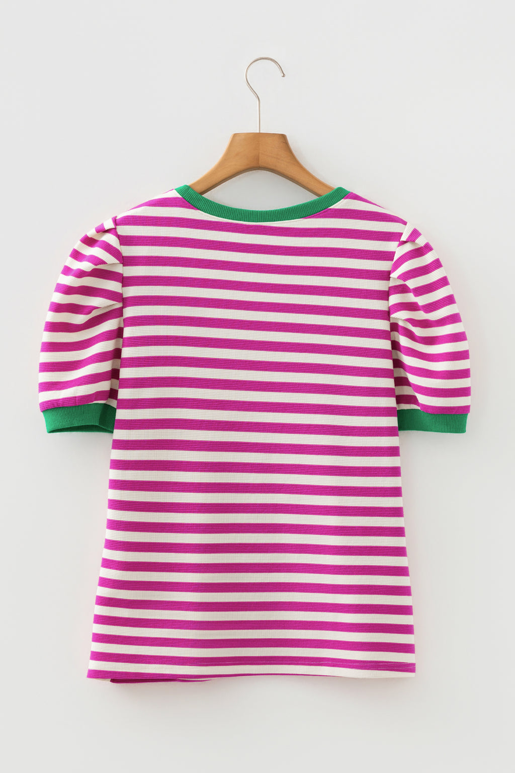 Brown Stripe Short Puff Sleeve Contrast Trim Round Neck Tee