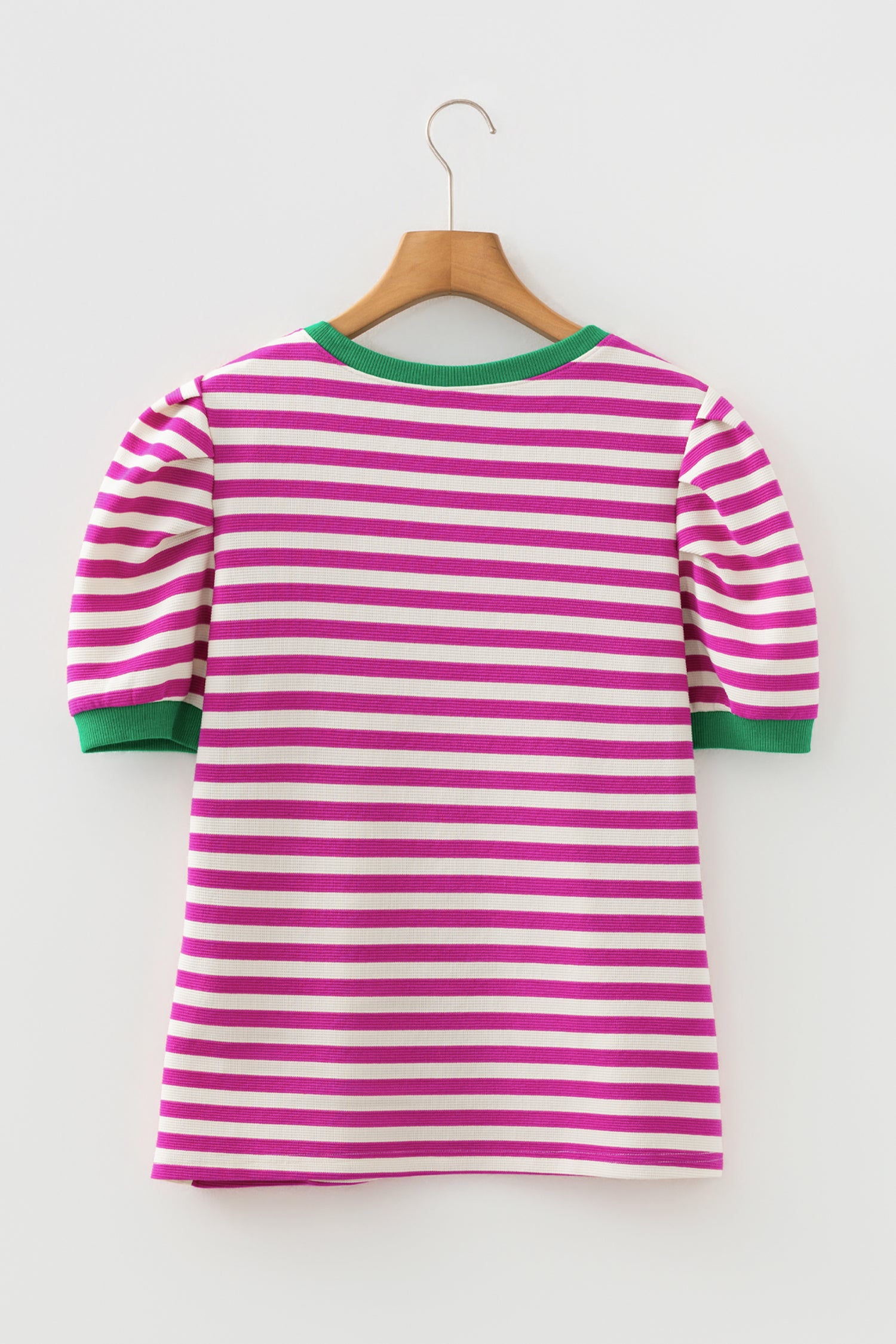 Brown Stripe Short Puff Sleeve Contrast Trim Round Neck Tee