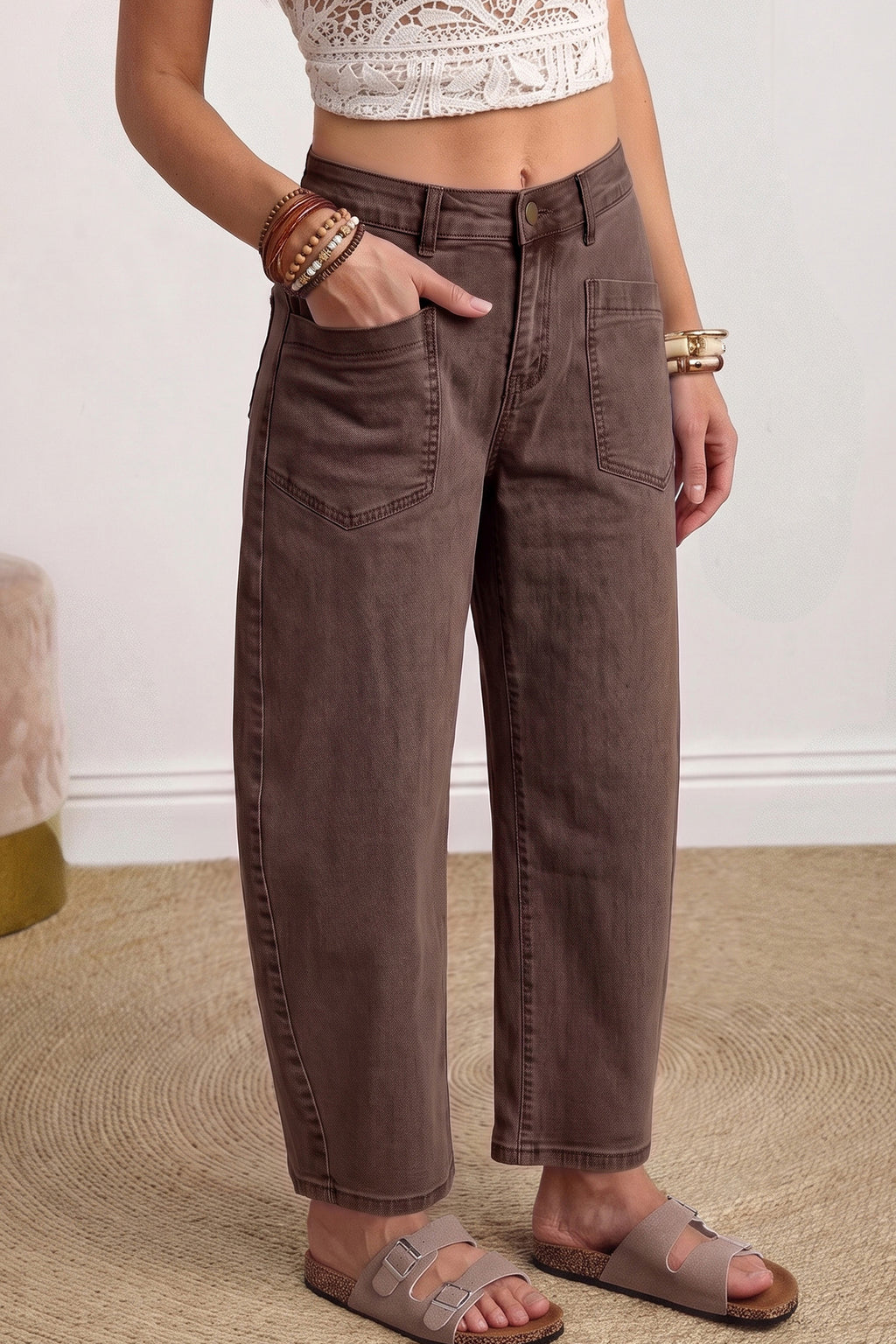 Four Leaf Clover Solid Color Square Patch Pocket Ankle-length Barrel Jeans