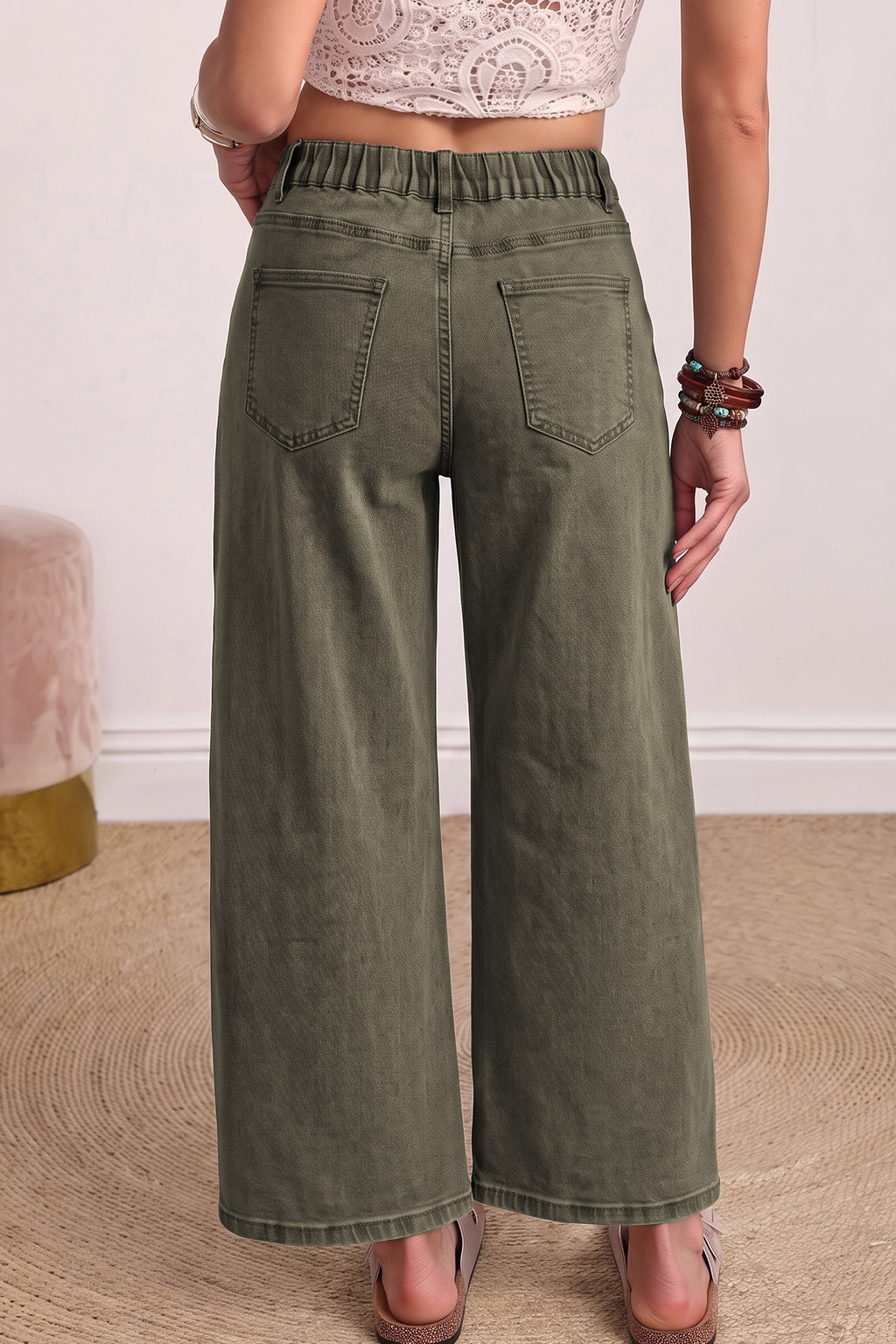 Four Leaf Clover Solid Color Square Patch Pocket Ankle-length Barrel Jeans