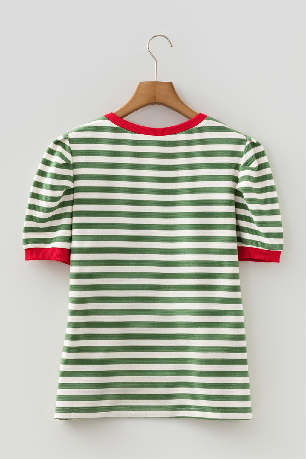 Brown Stripe Short Puff Sleeve Contrast Trim Round Neck Tee