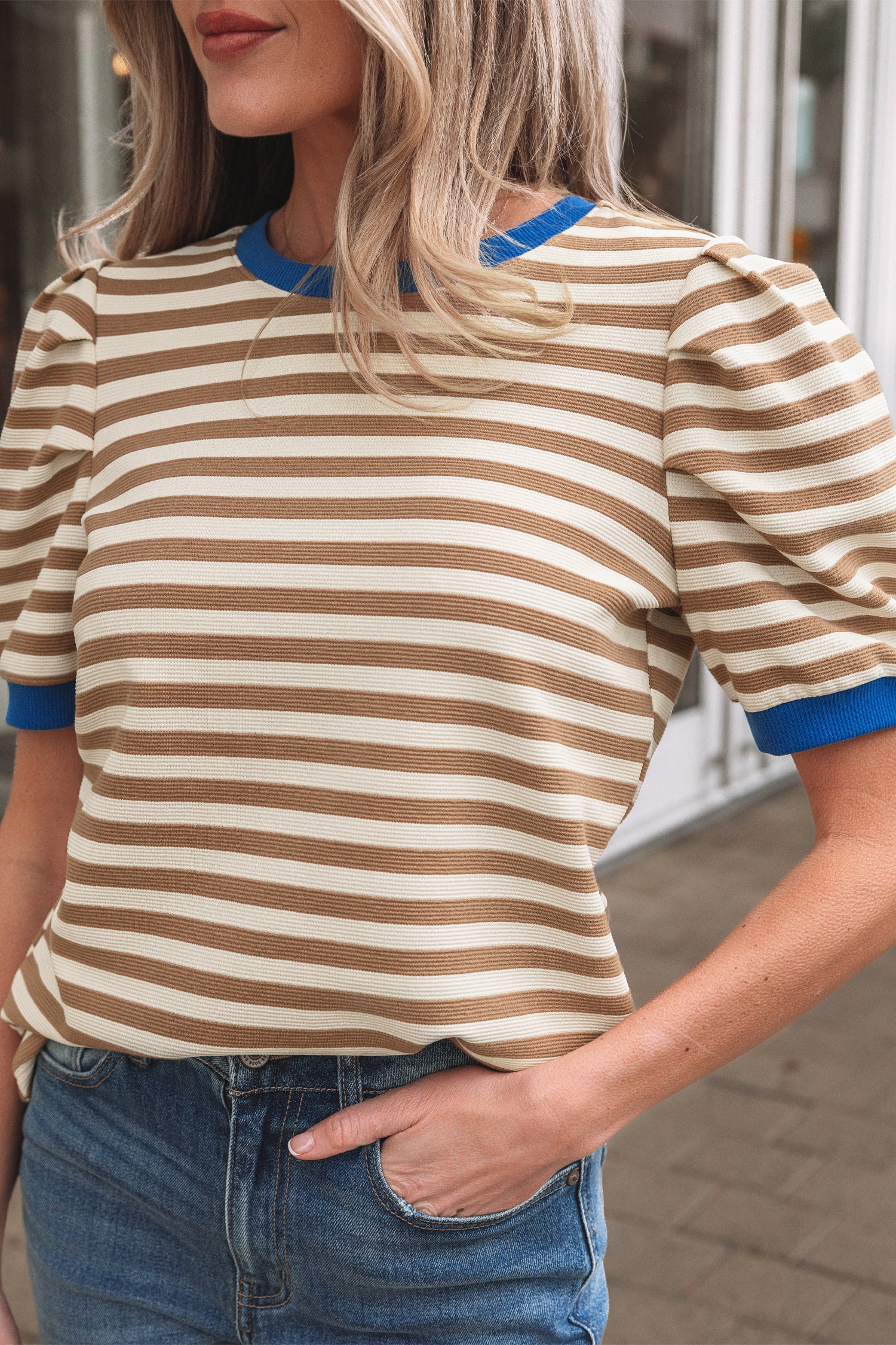 Brown Stripe Short Puff Sleeve Contrast Trim Round Neck Tee