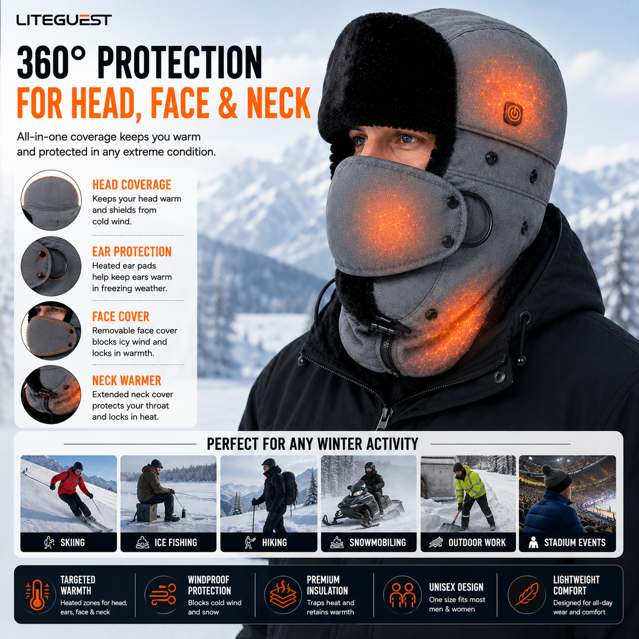 LITEGUEST Heated Trapper Hat | Heated Winter Hat with Face Cover
