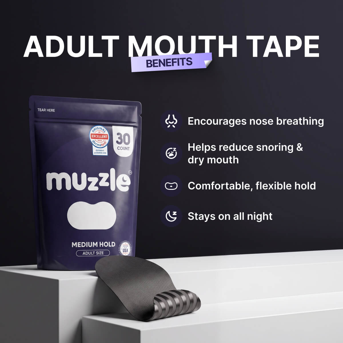 Muzzle® Mouth Tape for Adults (Strong Hold)