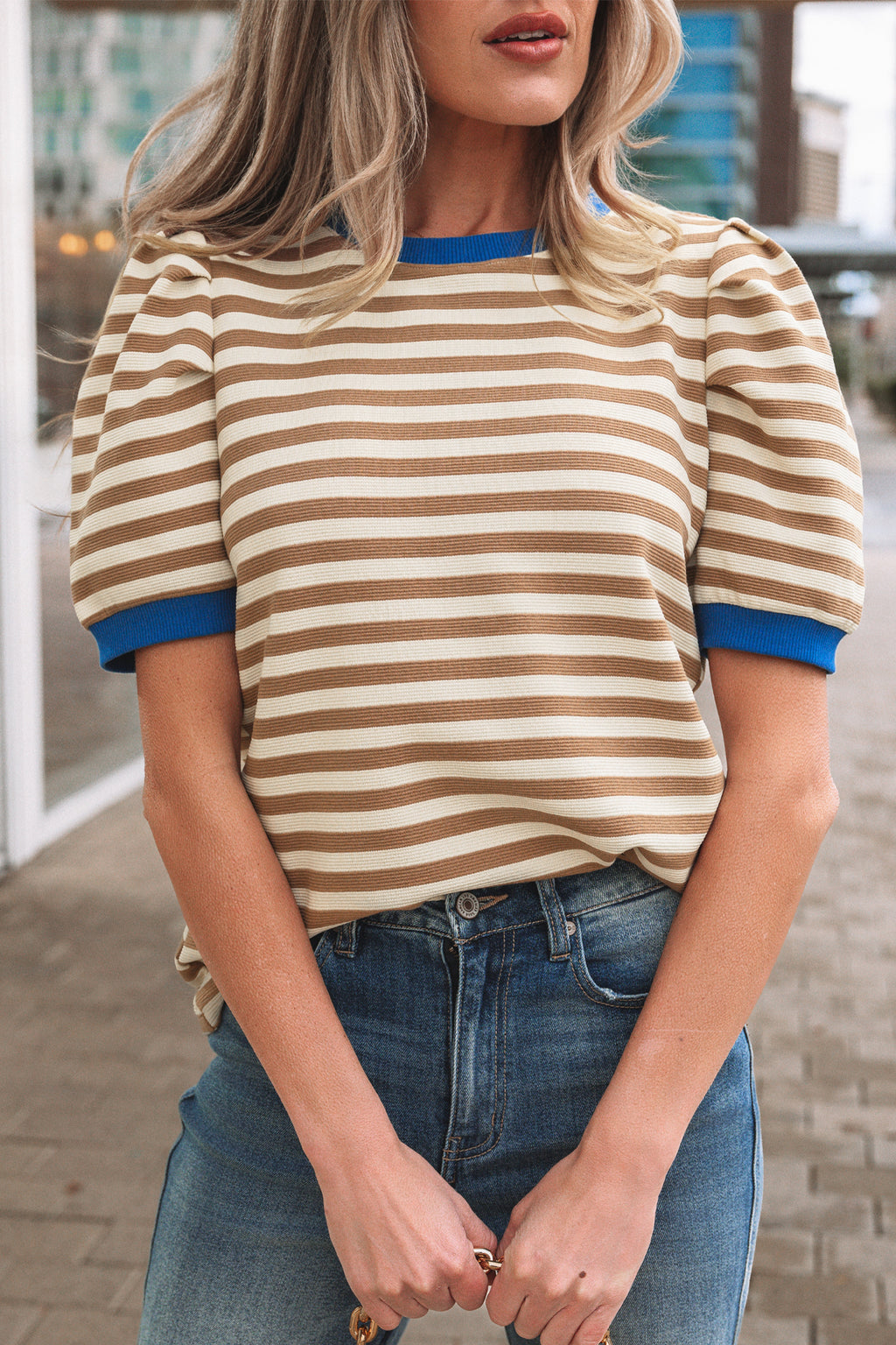 Brown Stripe Short Puff Sleeve Contrast Trim Round Neck Tee