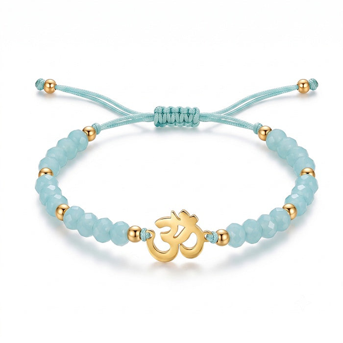 Yoga Ohm Symbol Cut Glass Bead Adjustable Braided Bracelet, Multiple Color Bead Options, Metal Spacers With Pull Cord Structure, Sport Casual Wrist Jewelry For Women Yoga Enthusiasts Daily Wear
