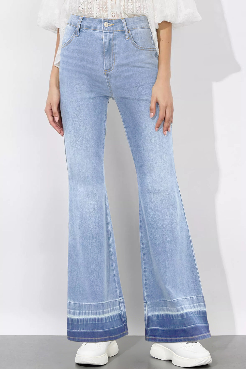 Iceland Blue Unique Hem Design Elastic Waist Flare Leg Jeans