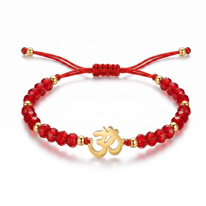 Yoga Ohm Symbol Cut Glass Bead Adjustable Braided Bracelet, Multiple Color Bead Options, Metal Spacers With Pull Cord Structure, Sport Casual Wrist Jewelry For Women Yoga Enthusiasts Daily Wear