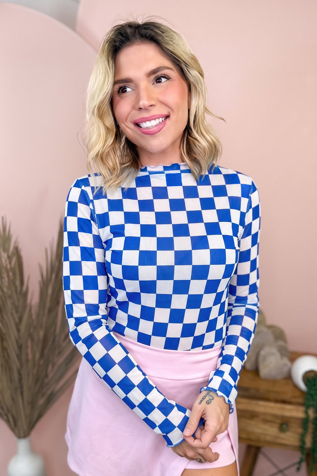 Rose Plaid Mesh Sheer Long Sleeve Top
