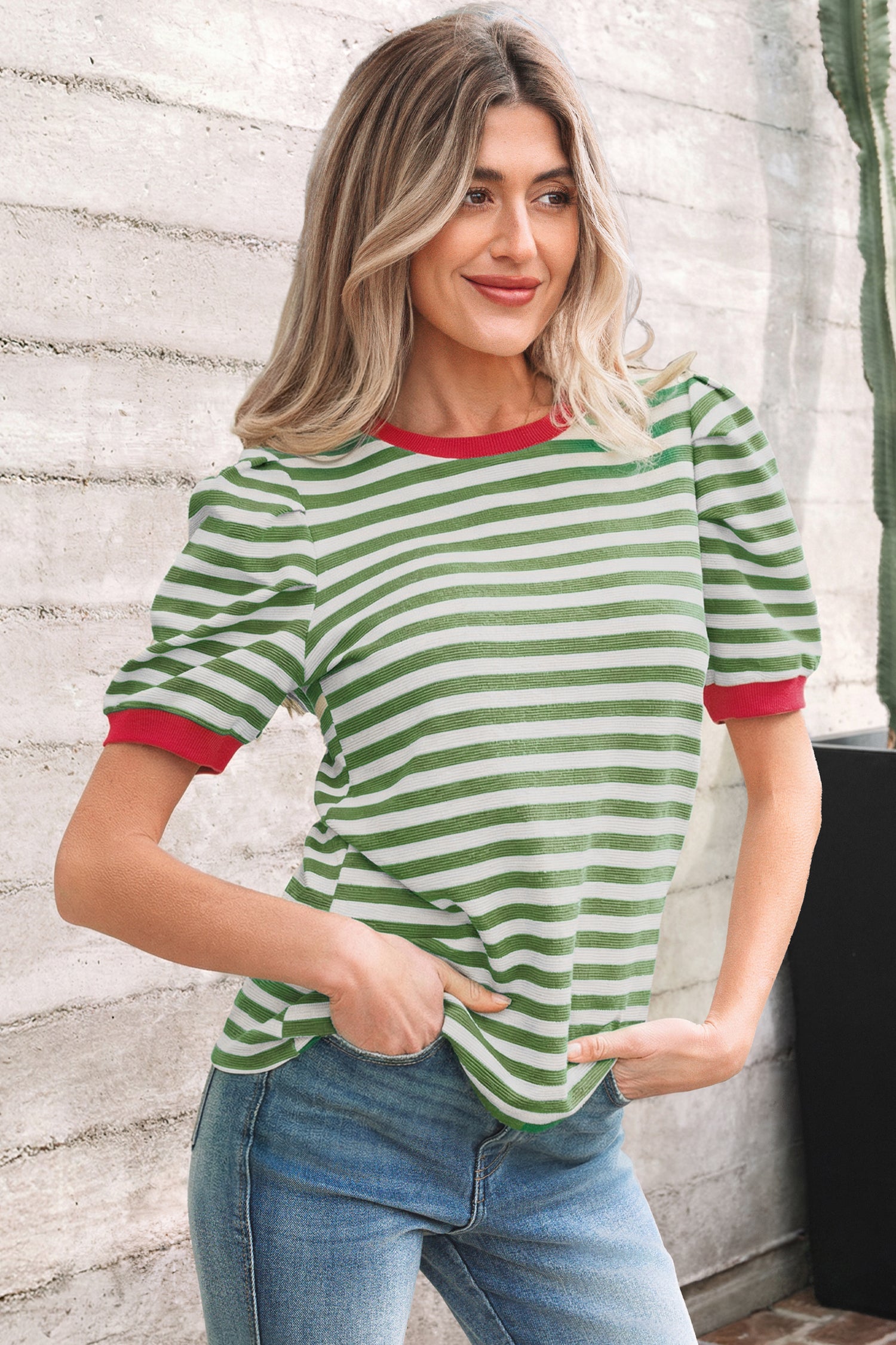 Brown Stripe Short Puff Sleeve Contrast Trim Round Neck Tee