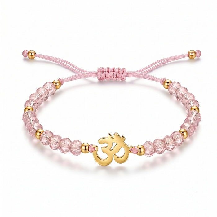 Yoga Ohm Symbol Cut Glass Bead Adjustable Braided Bracelet, Multiple Color Bead Options, Metal Spacers With Pull Cord Structure, Sport Casual Wrist Jewelry For Women Yoga Enthusiasts Daily Wear