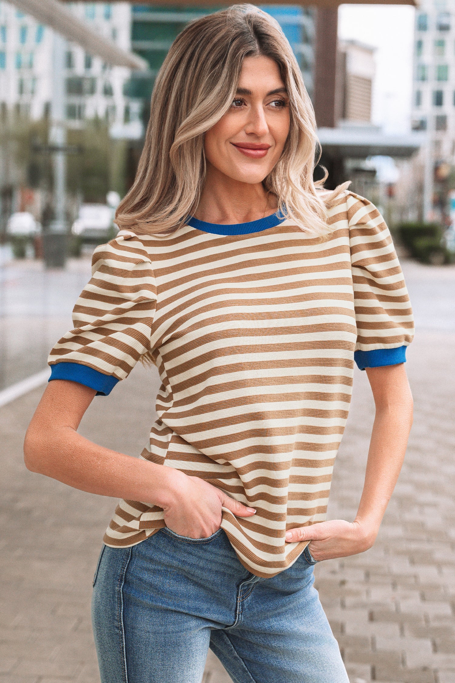 Brown Stripe Short Puff Sleeve Contrast Trim Round Neck Tee
