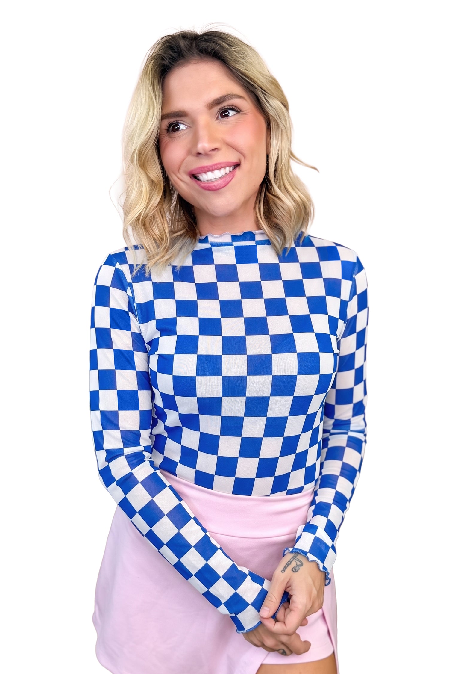 Rose Plaid Mesh Sheer Long Sleeve Top