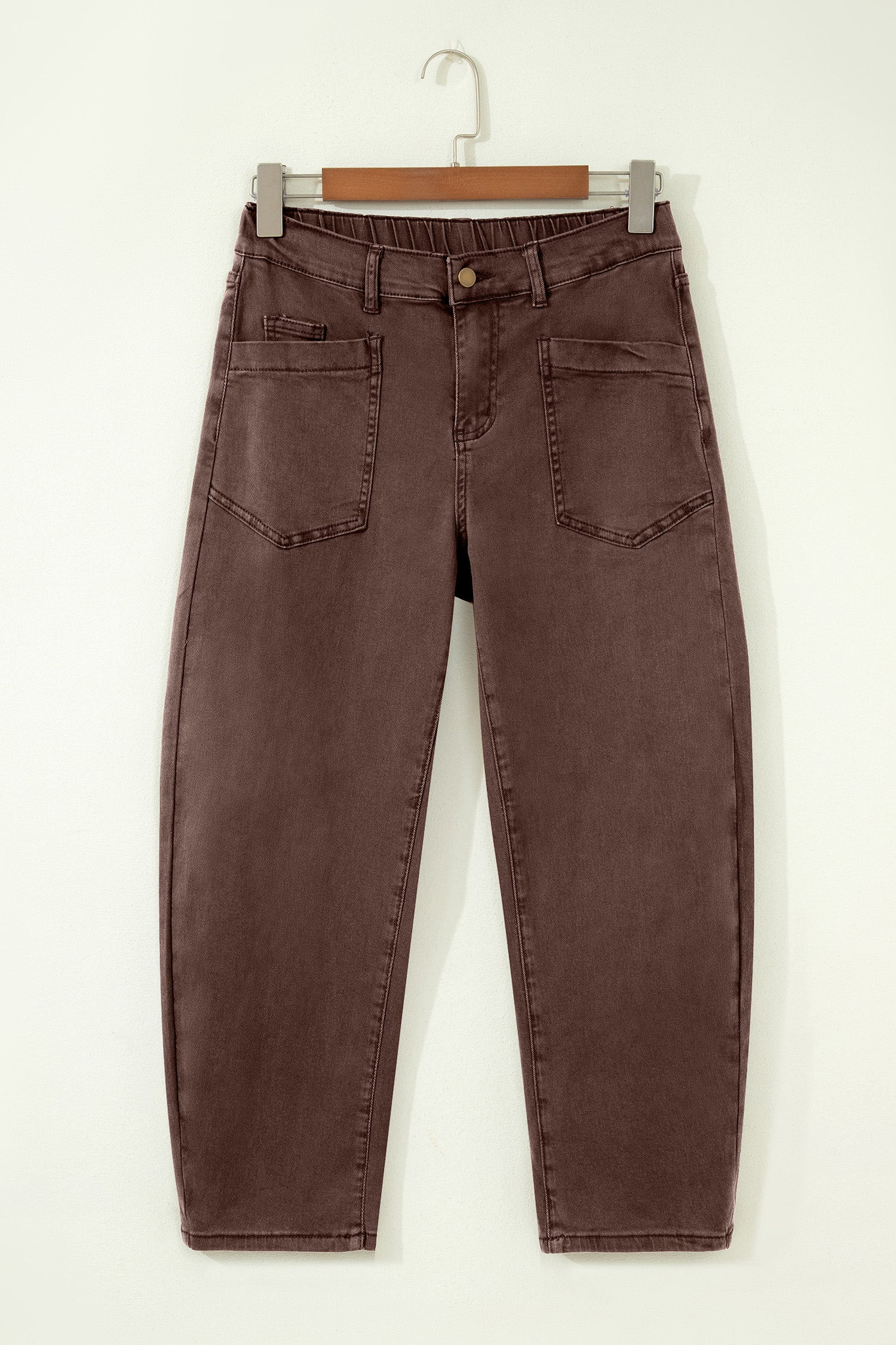 Four Leaf Clover Solid Color Square Patch Pocket Ankle-length Barrel Jeans