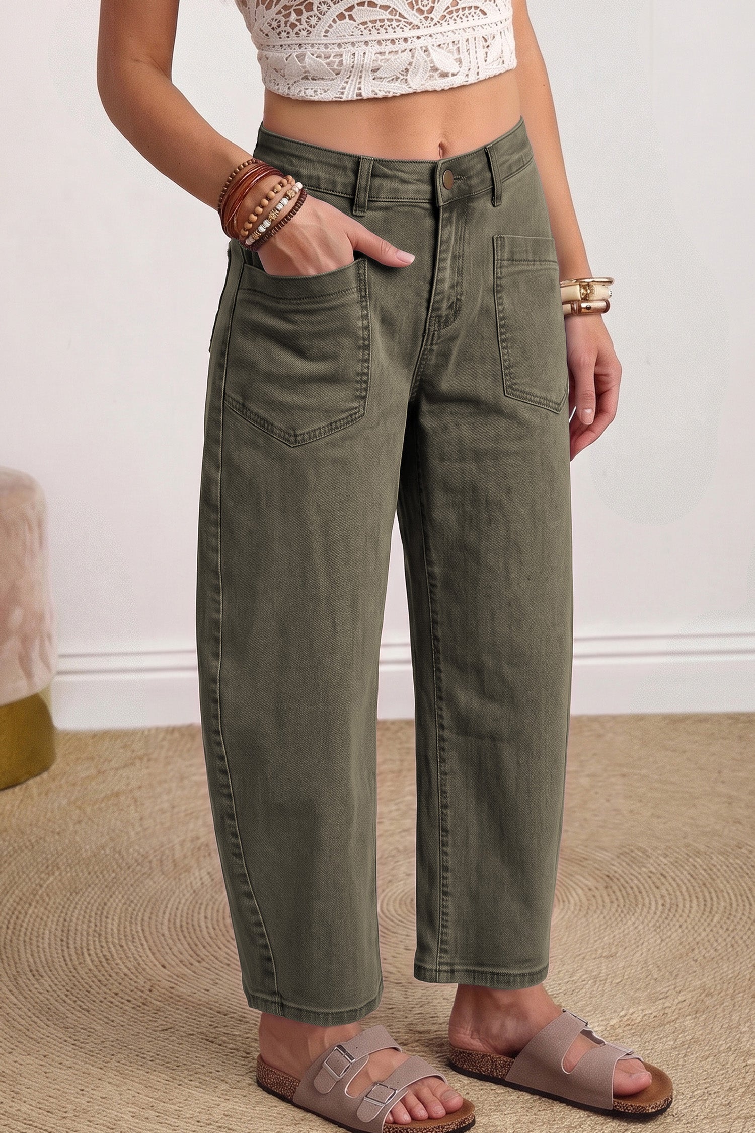 Four Leaf Clover Solid Color Square Patch Pocket Ankle-length Barrel Jeans