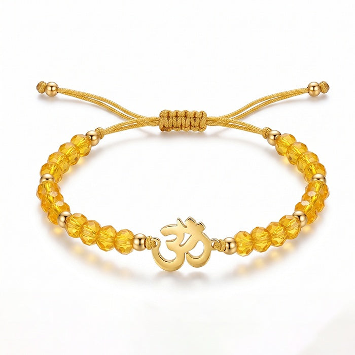 Yoga Ohm Symbol Cut Glass Bead Adjustable Braided Bracelet, Multiple Color Bead Options, Metal Spacers With Pull Cord Structure, Sport Casual Wrist Jewelry For Women Yoga Enthusiasts Daily Wear