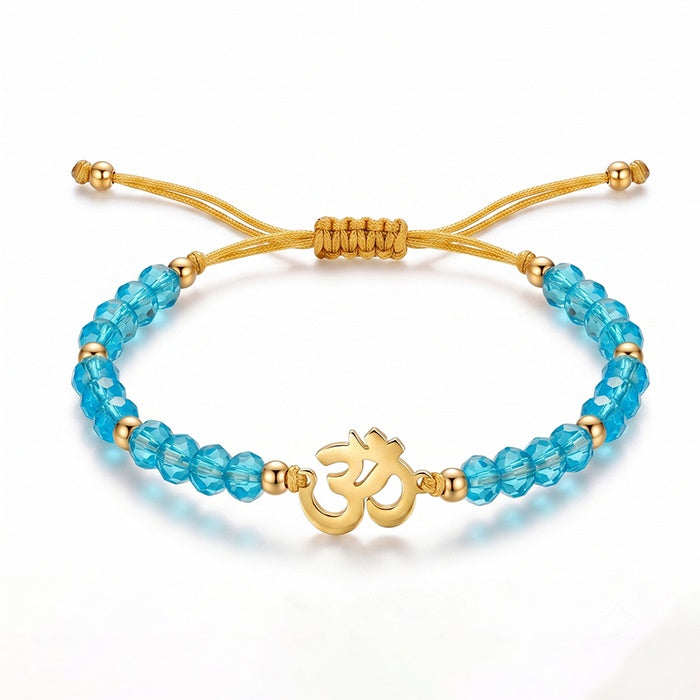 Yoga Ohm Symbol Cut Glass Bead Adjustable Braided Bracelet, Multiple Color Bead Options, Metal Spacers With Pull Cord Structure, Sport Casual Wrist Jewelry For Women Yoga Enthusiasts Daily Wear